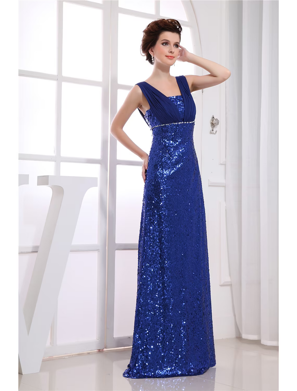 Sparkle Wedding Guest Engagement Formal Evening Dress V Neck Sleeveless Floor Length with Beading
