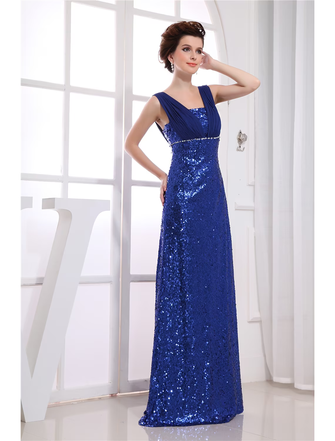 Sparkle Wedding Guest Engagement Formal Evening Dress V Neck Sleeveless Floor Length with Beading