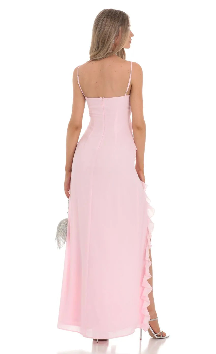 Blush Pink Prom Dress with Spaghetti Straps Ruffled V - Neck and Flattering Fit Designed for Elegant Prom Celebrations
