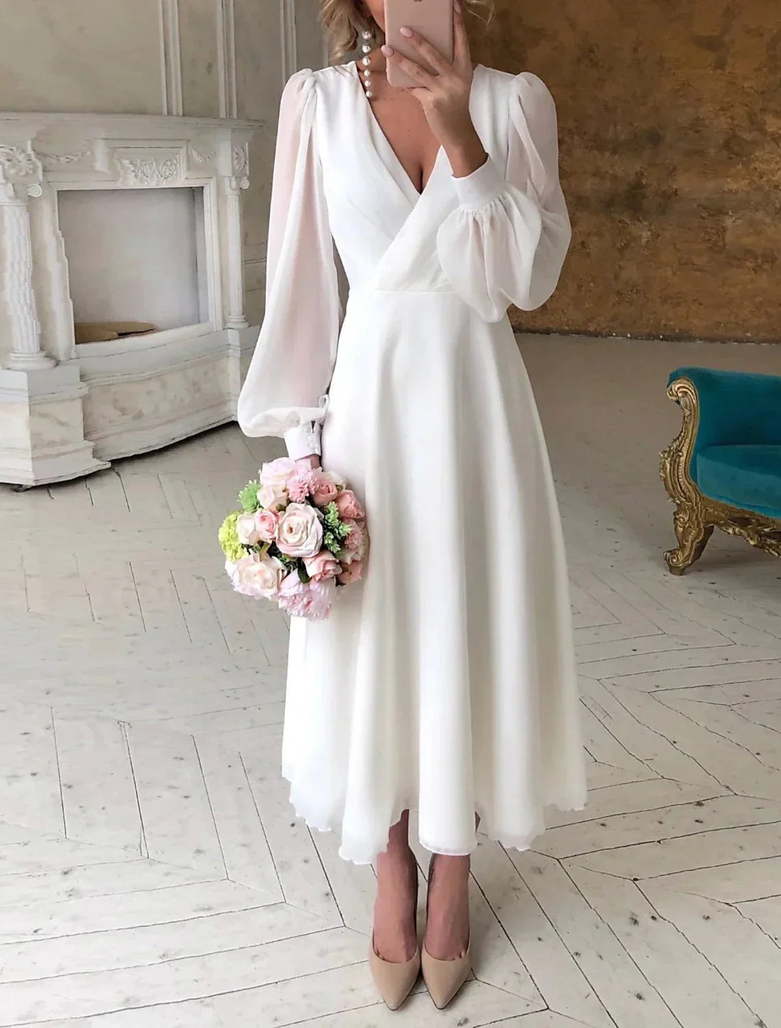 White Reception Little Dresses Wedding Dresses A-Line V Neck Long Sleeve Ankle Length Bridal Gowns With Solid Color