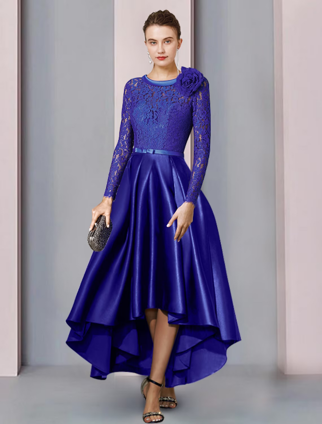 Mother of the Bride Dress Formal Church Elegant High Low Scoop Neck Long Sleeve with Bow Flower