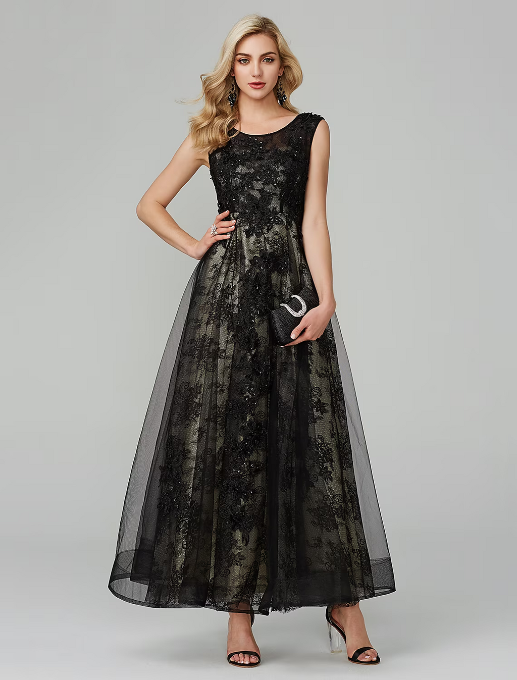 Open Back Dress Holiday Floor Length Sleeveless Jewel Neck with Appliques