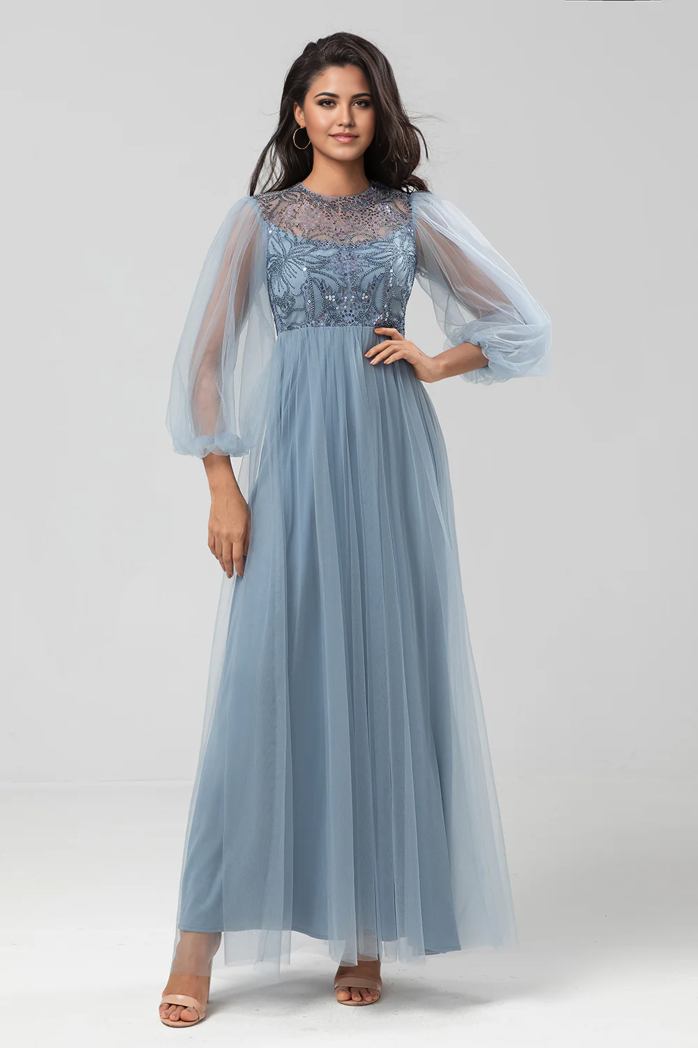 Blue Evening Dress Beaded Dusty Bridesmaid Dress With Long Sleeves