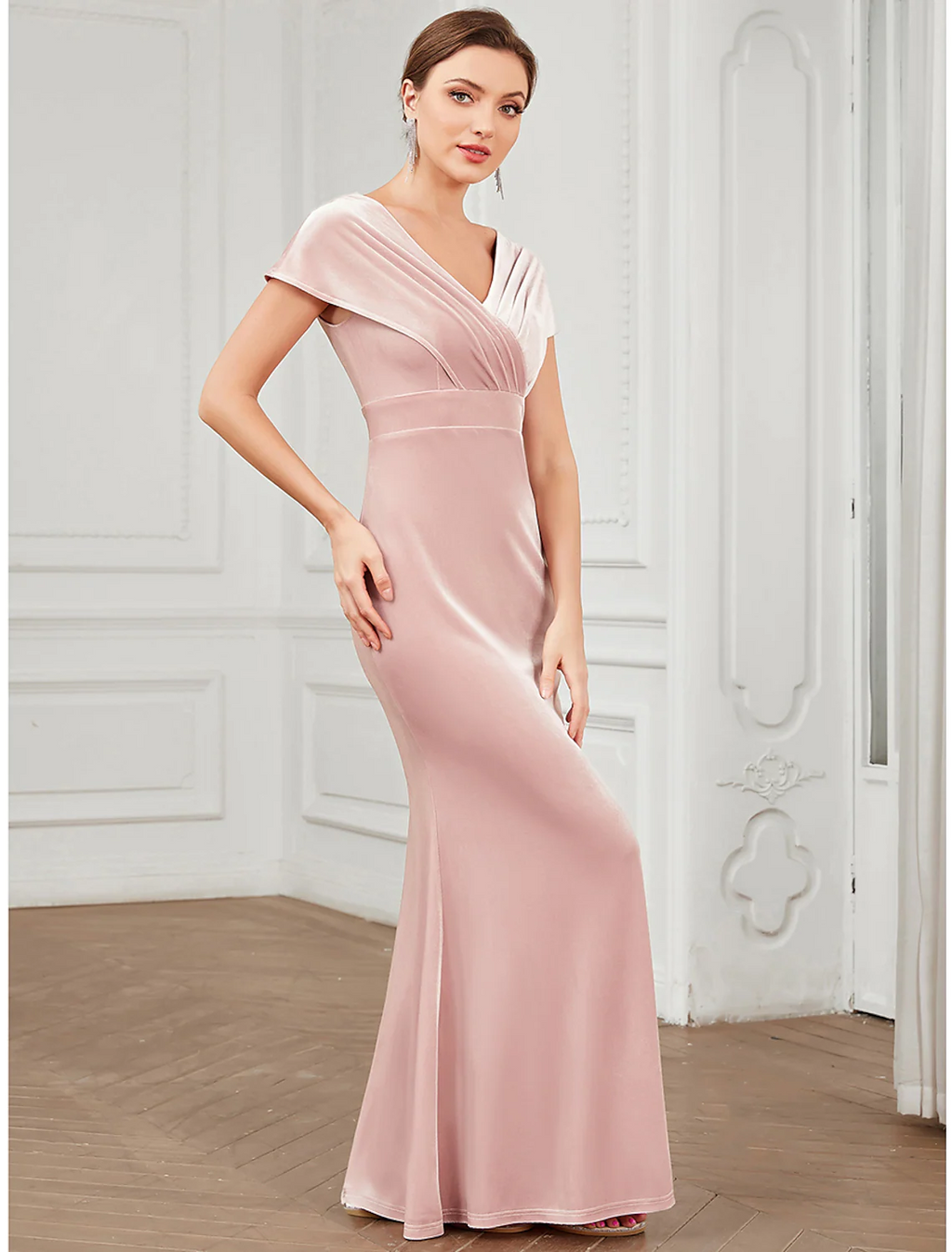 Evening Gown Vintage Dress Floor Length Short Sleeve V Neck V Back with Ruffles