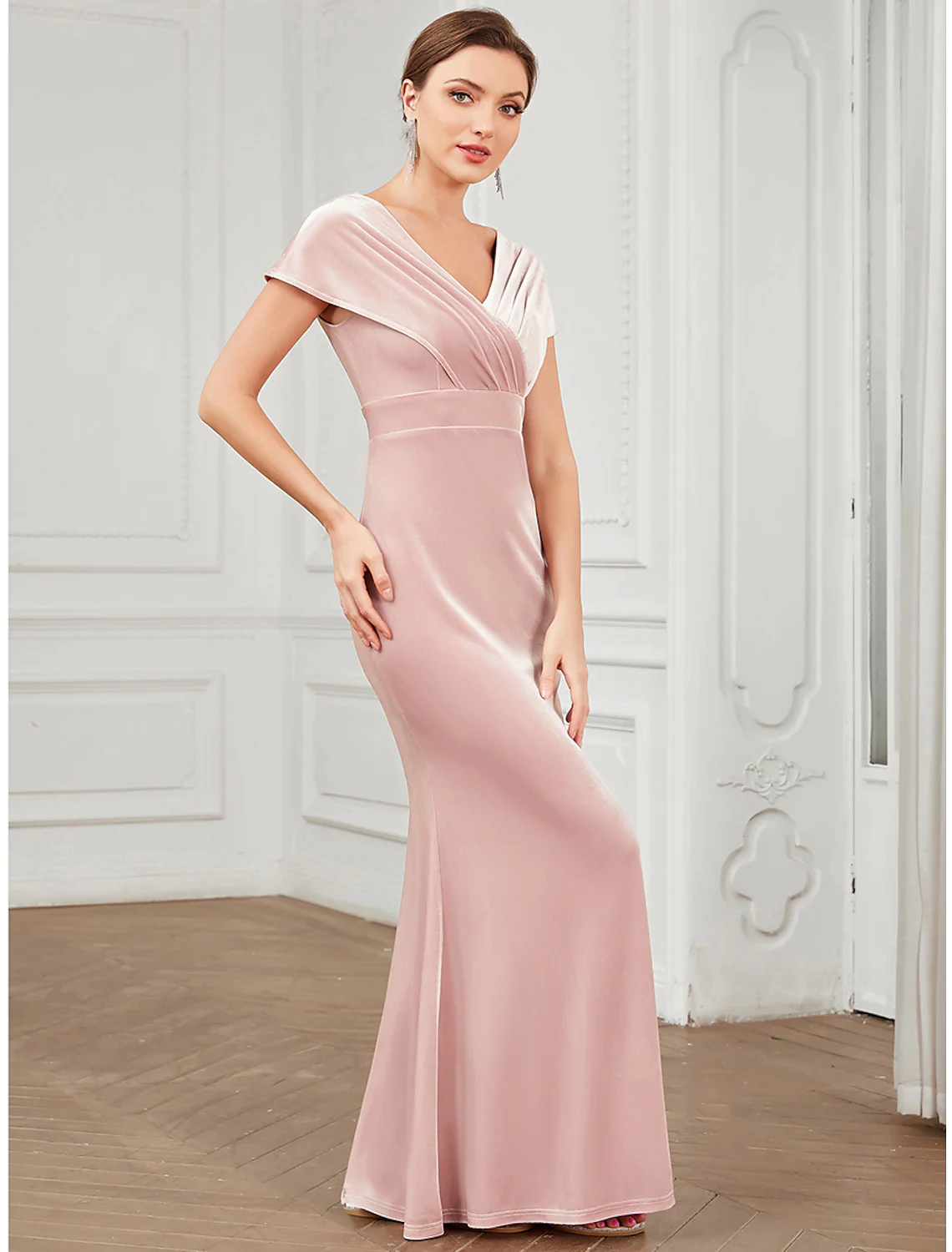 Evening Gown Vintage Dress Floor Length Short Sleeve V Neck V Back with Ruffles