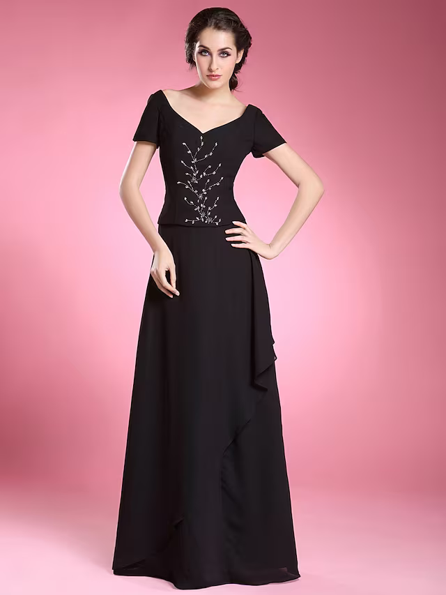 Formal Evening Floor Length Short Sleeve V Neck with Beading Ruffles