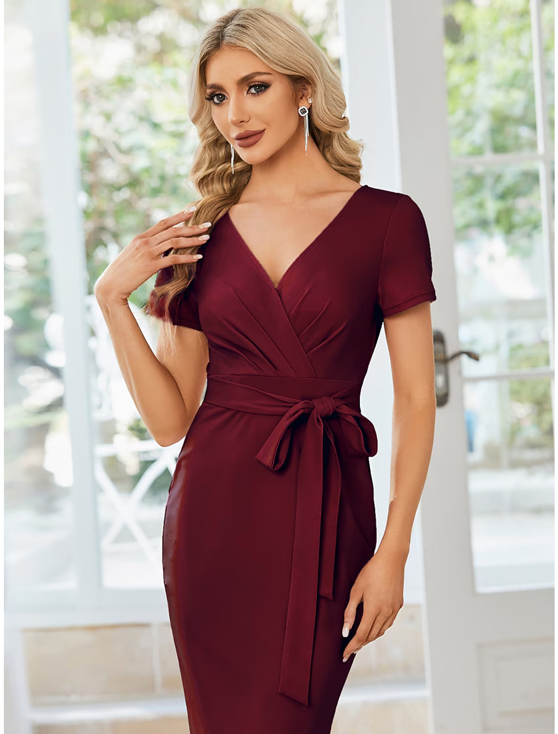 Wedding Guest Dresses Dress Party Wear Length Short Sleeve V Neck Fabric with Slit Strappy