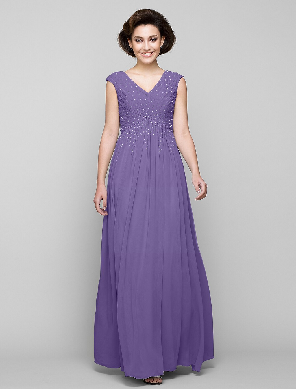 Mother of the Bride Dress Elegant V Neck Floor Length Sleeveless with Cross Beading