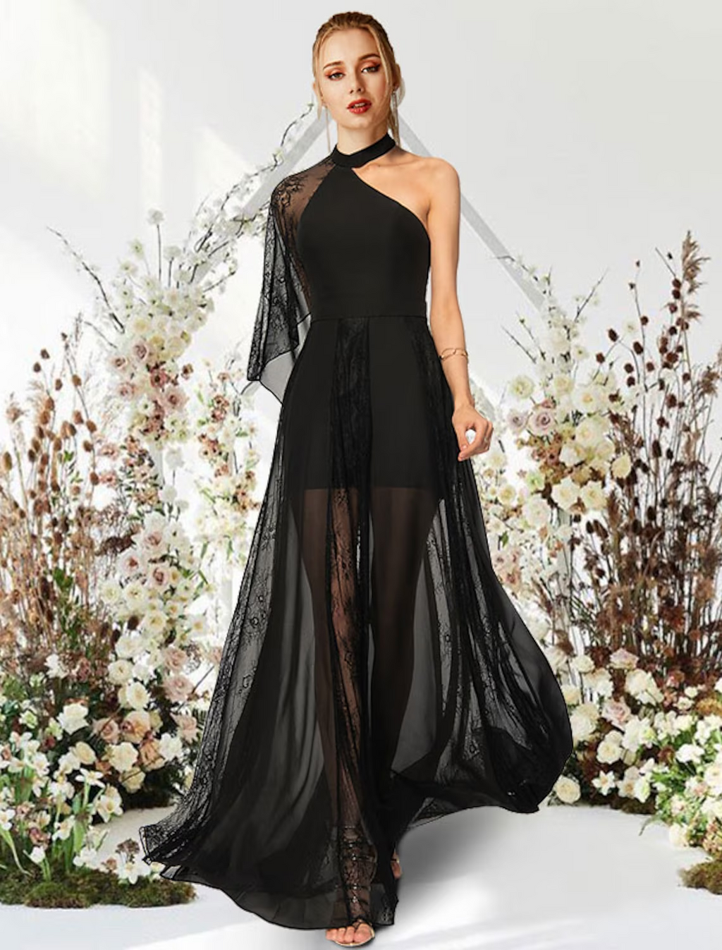 Evening Gown Empire Dress Wedding Guest Floor Length Half Sleeve One Shoulder with Pleats