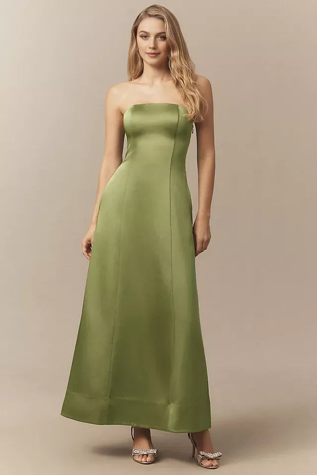 Green Sheath Strapless Sleeveless Up Back Ankle Length Ruffled Prom Dresses