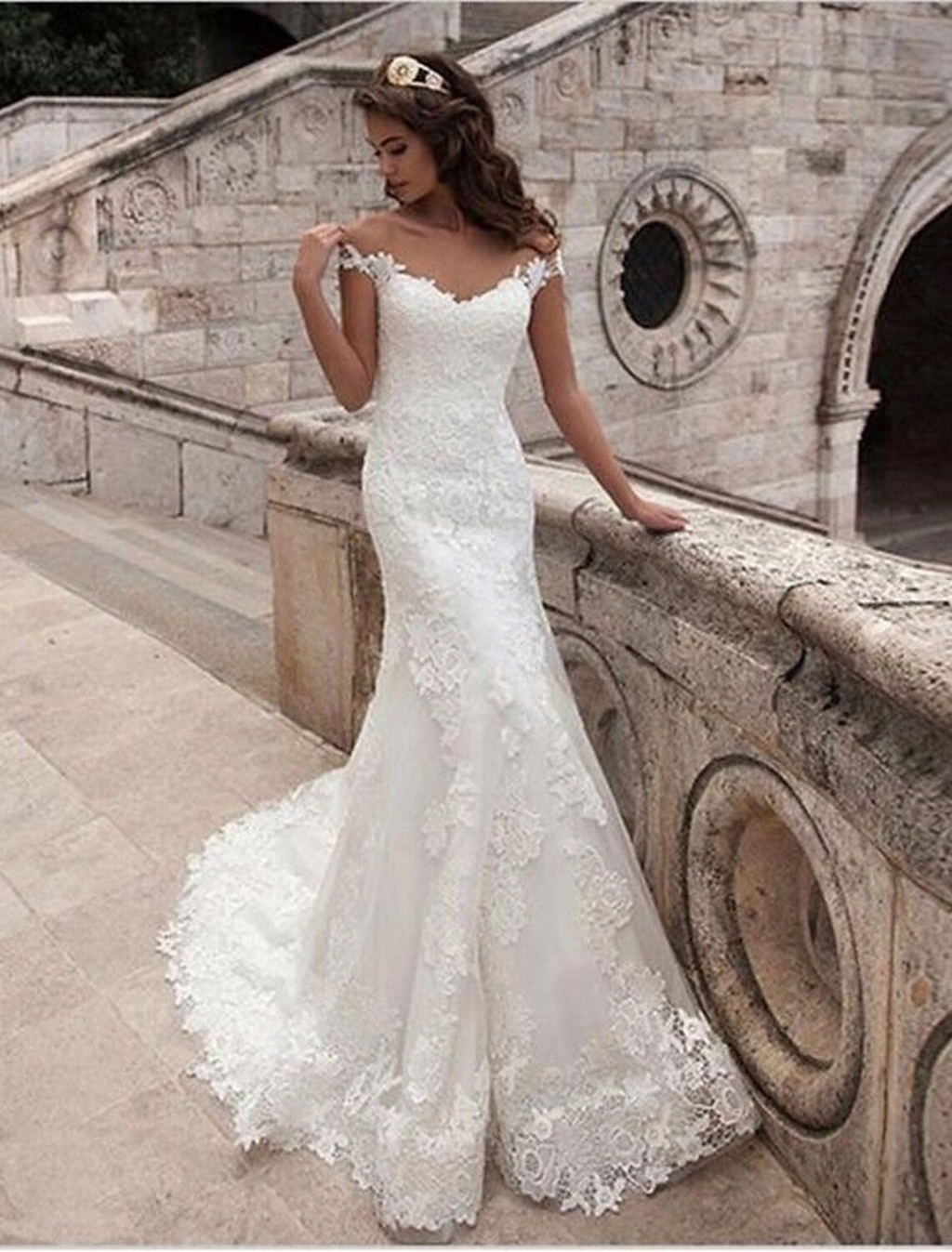 Engagement Open Back Formal Wedding Dresses Court Train Short Sleeve Off Shoulder With Appliques