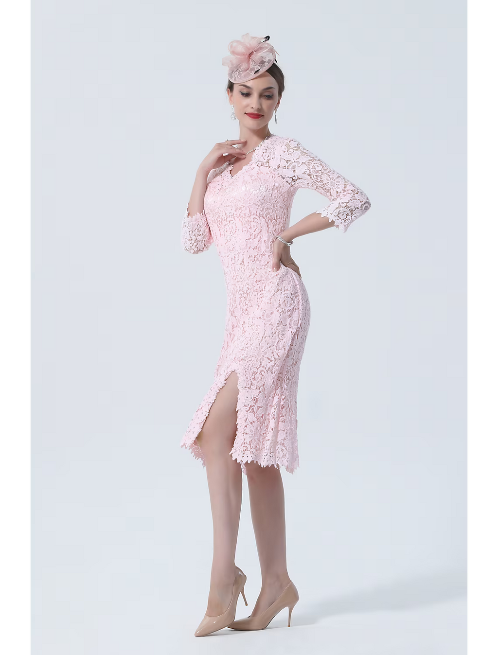 Mother of the Bride Dress Plus Size V Neck Knee Length Sleeve with Split Front