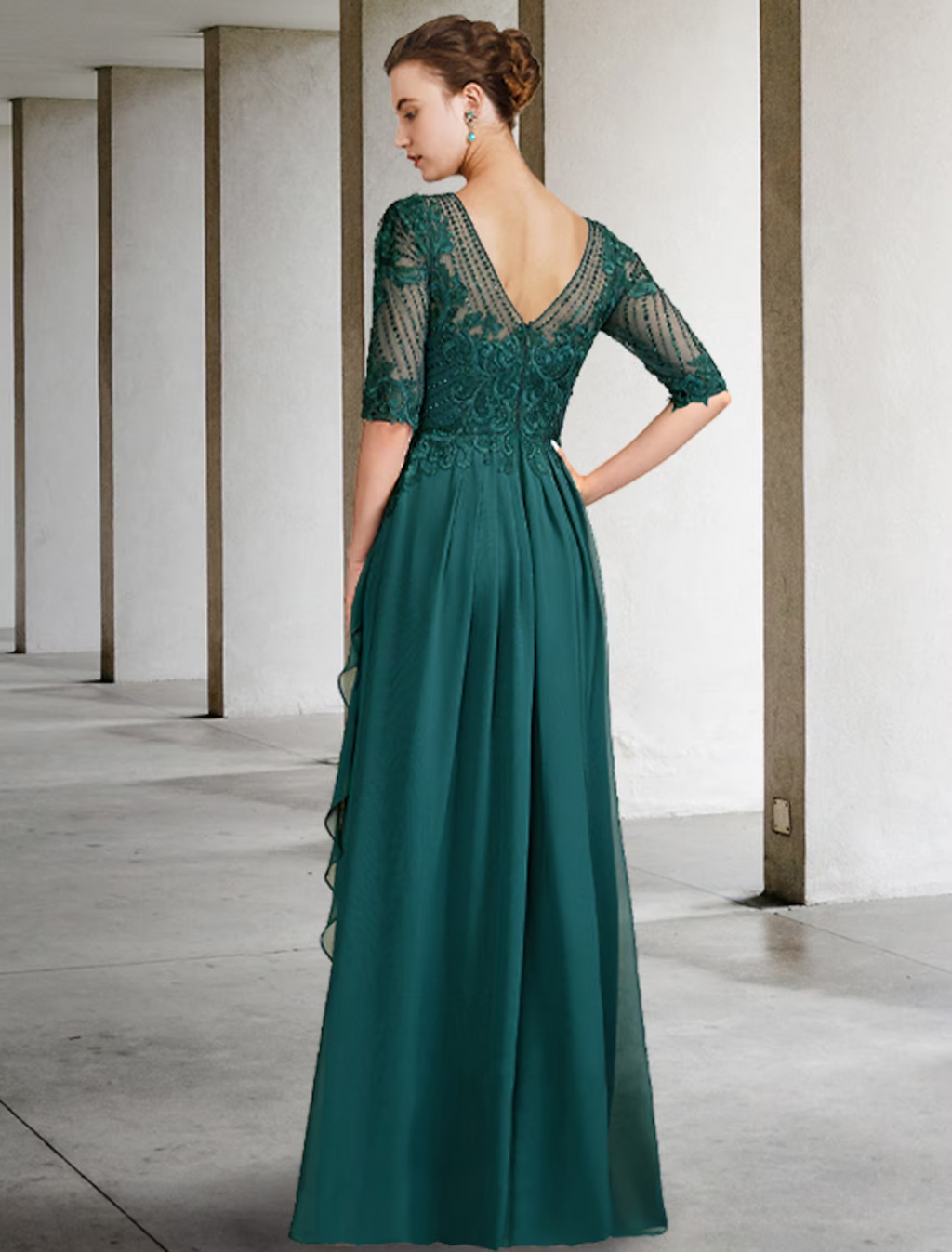 Mother of the Bride Dress Luxurious Elegant Floor Length Half Sleeve with Pleats Beading Appliques