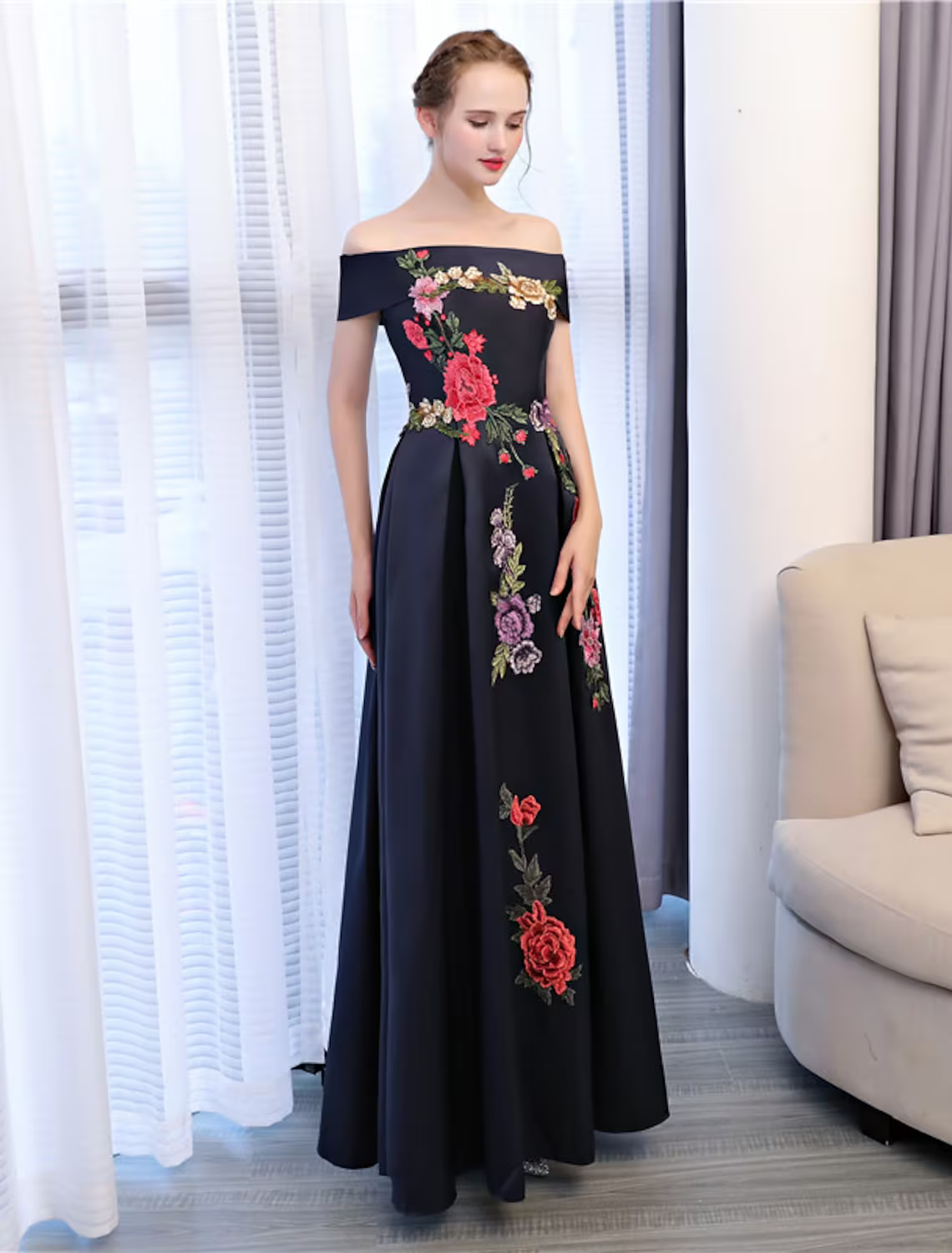 Floral Dress Wedding Guest Floor Length Sleeveless Off Shoulder with Embroidery Appliques