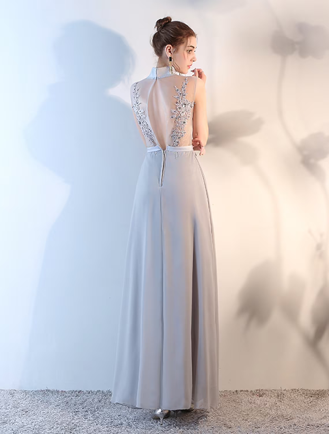Evening Gown Beautiful Back Dress Wedding Guest Floor Length Sleeveless High Neck with Applique