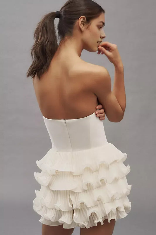 Elegant White Ruffled A-Line Strapless Classic-Sleeve Classic-Back Floor-Length Homecoming Dress