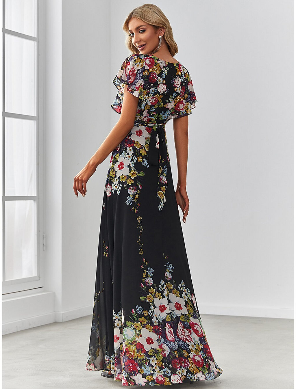 Evening Gown Elegant Dress Birthday Floor Length Short Sleeve V Neck with Pattern