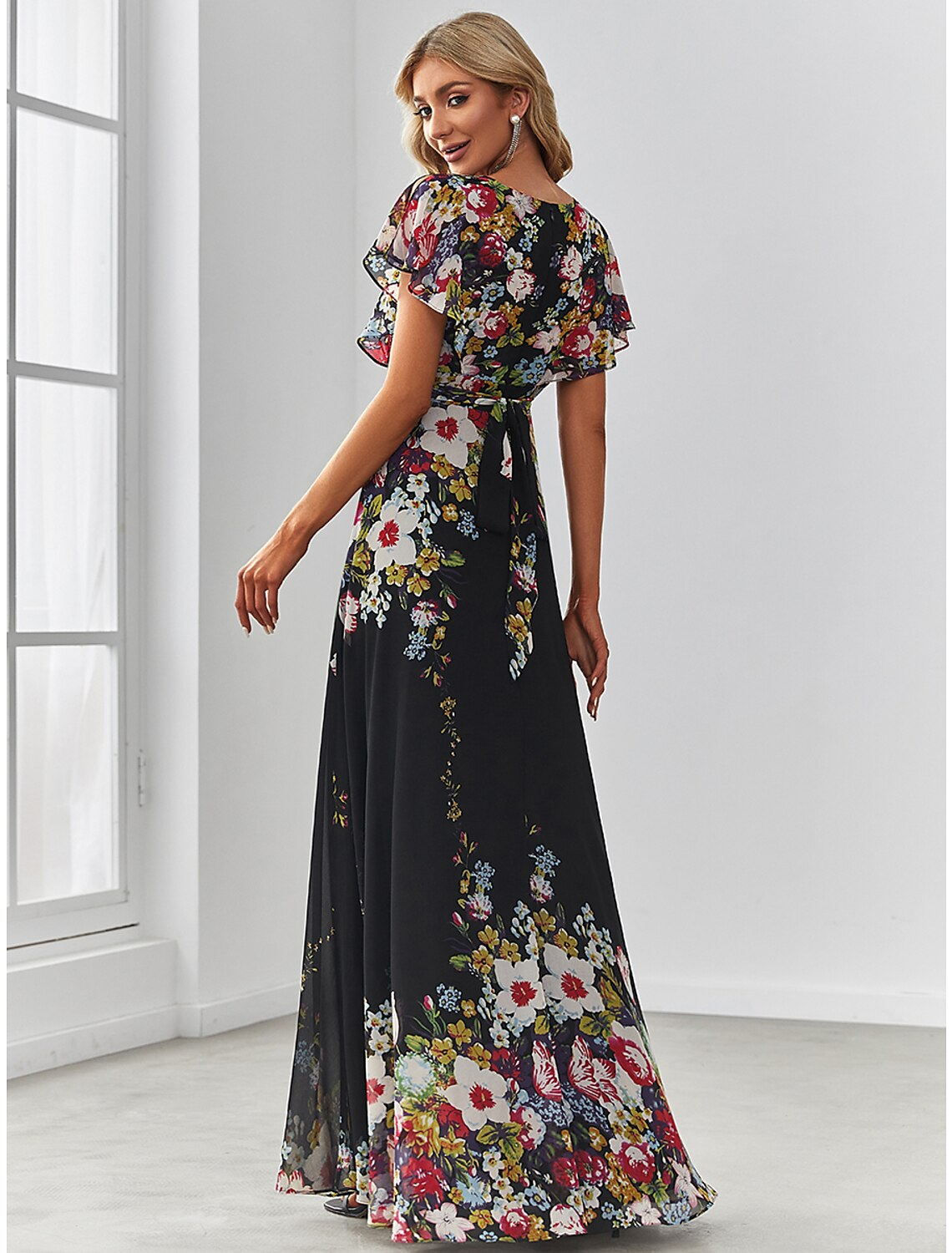 Evening Gown Elegant Dress Birthday Floor Length Short Sleeve V Neck with Pattern