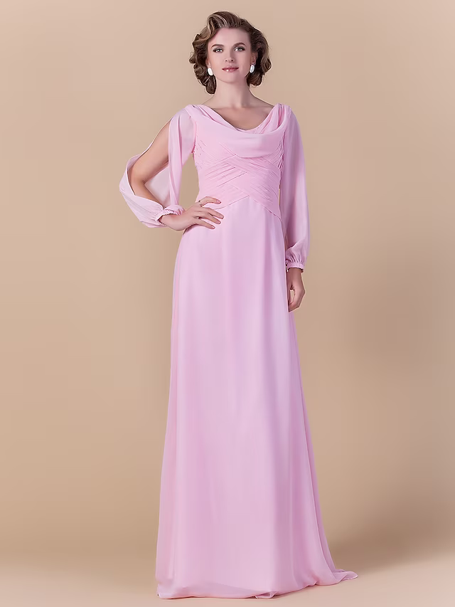 Mother of the Bride Dress Vintage Inspired Cowl Neck Floor Length Long Sleeve with Criss Cross Ruched