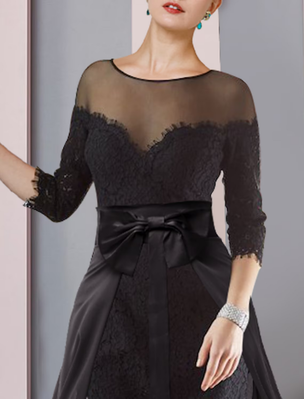 Two Piece Mother of the Bride Dress Formal Wedding Guest Elegant detachable Knee Length Sleeve with Bow(s) Appliques