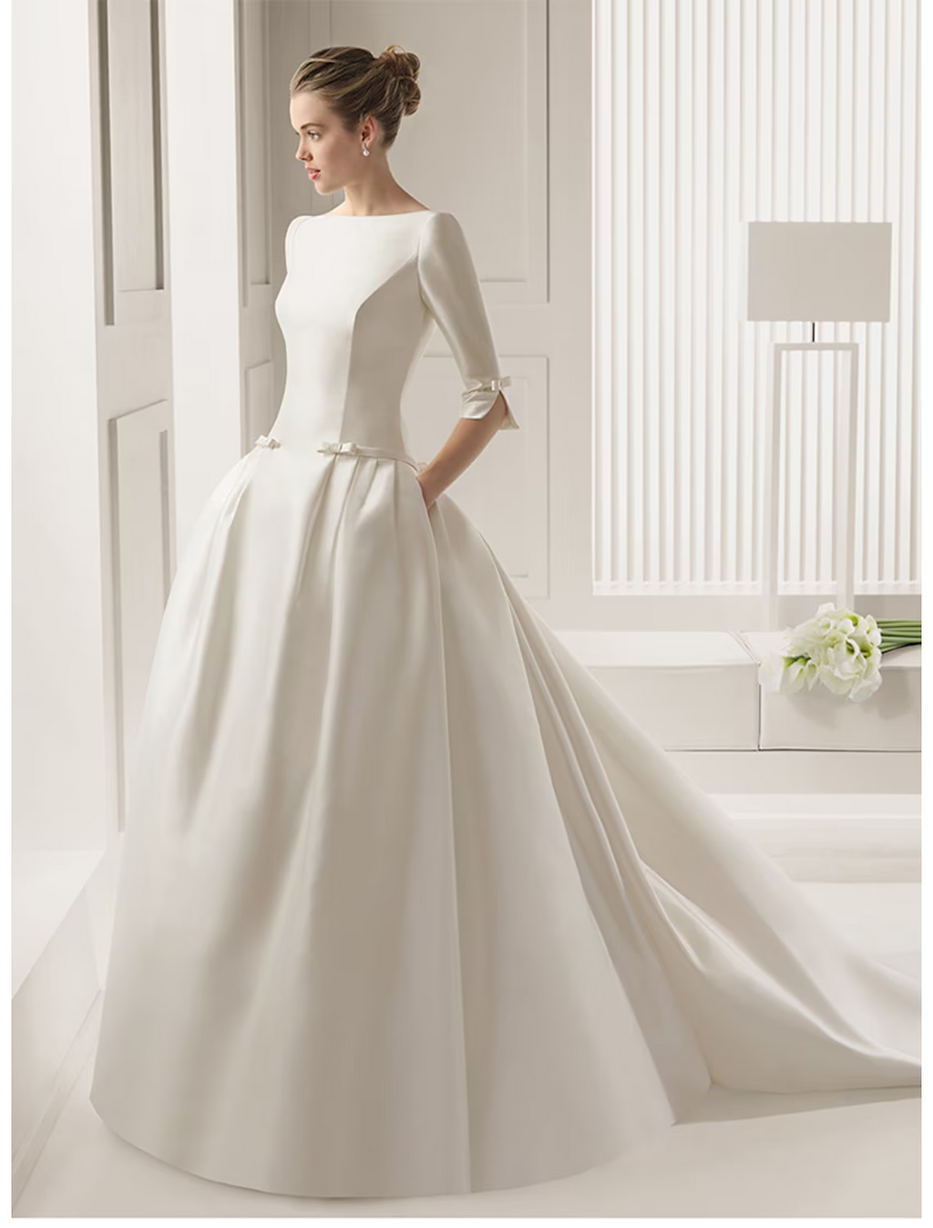 Engagement Formal Wedding Dresses Court Train A-Line Half Sleeve Neck With Bow(s) Pleats