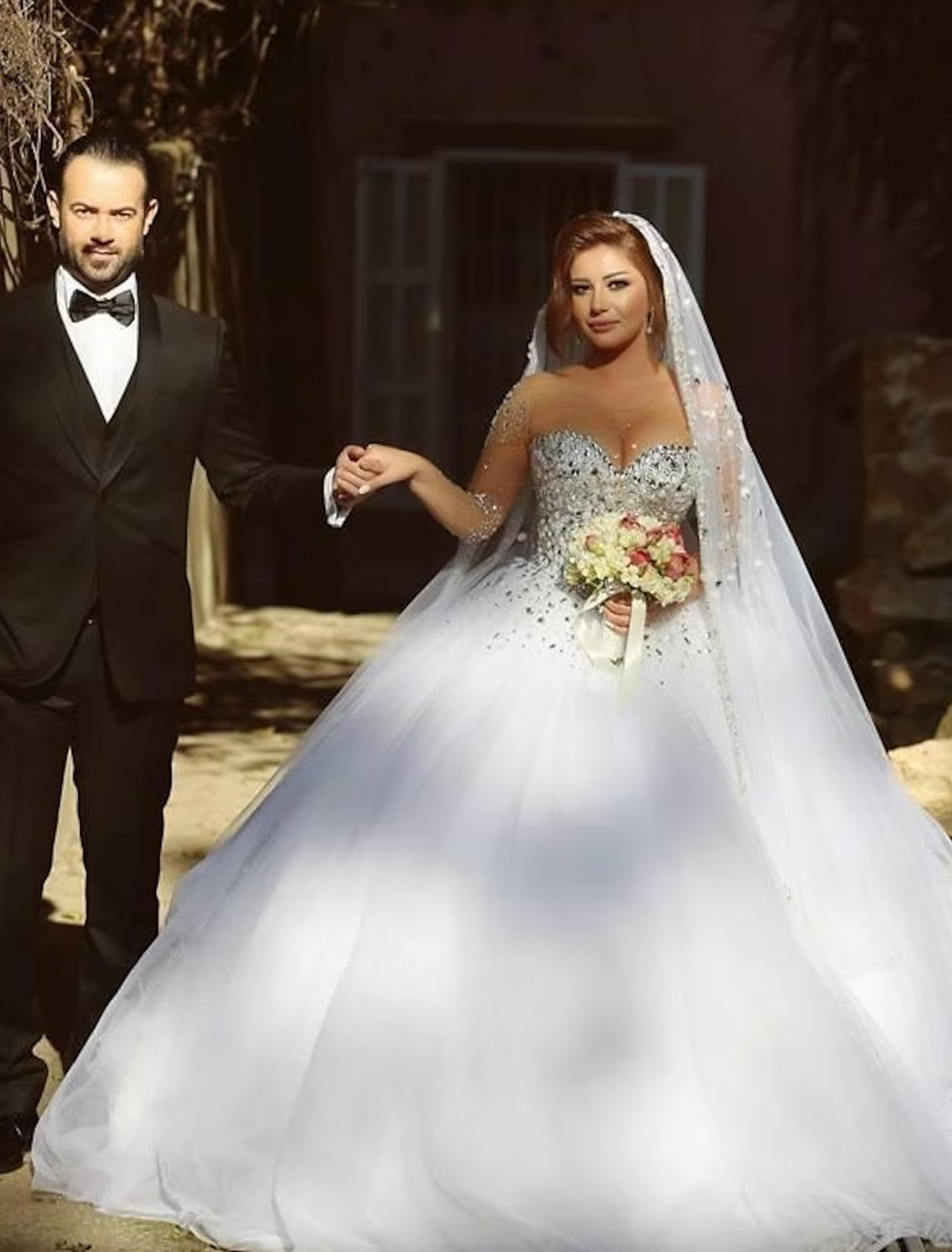 Engagement Formal Wedding Dresses Court Ball Gown Long Sleeve Jewel Neck With Crystals Beading