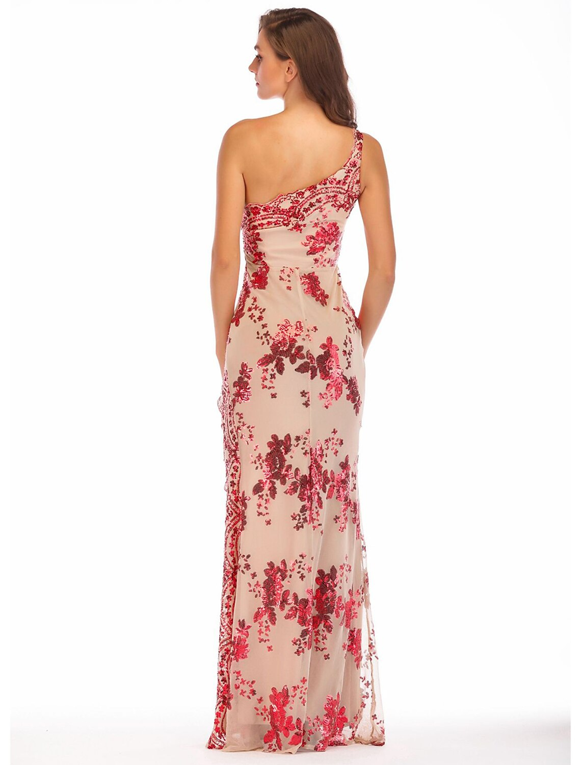 Evening Gown Vintage Dress Holiday Floor Length Sleeveless One Shoulder Blend Backless with Splicing