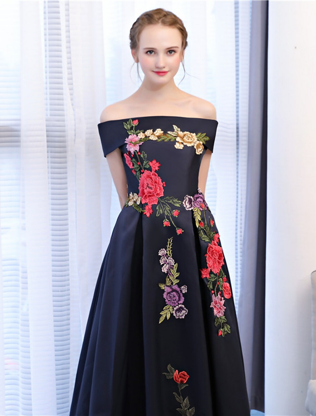 Floral Dress Wedding Guest Floor Length Sleeveless Off Shoulder with Embroidery Appliques