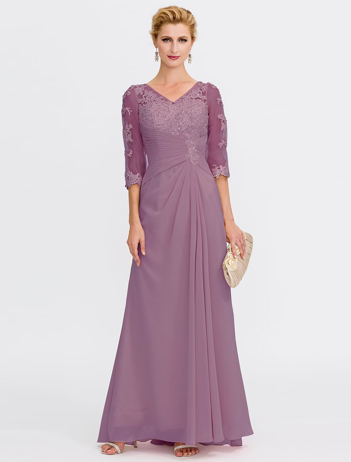Mother of the Bride Dress Plus Size Elegant Through V Neck Floor Length Half Sleeve with Appliques Side Draping