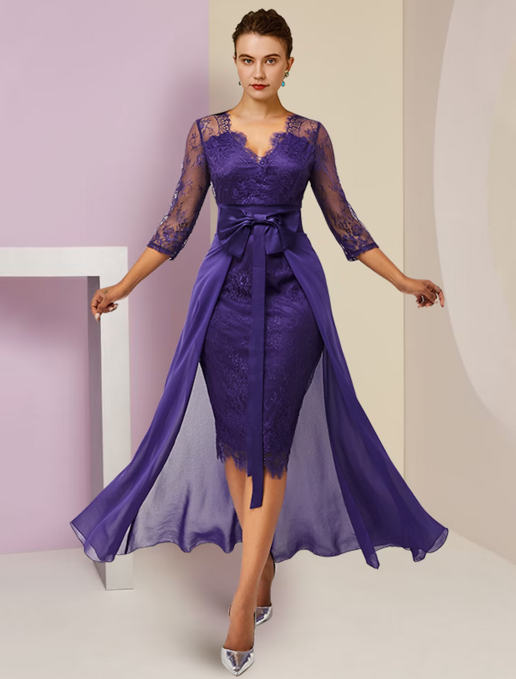 Two Piece Mother of the Bride Dress Formal Wedding Guest Elegant detachable V Neck Knee Length 3/4 Length Sleeve with Bow(s)