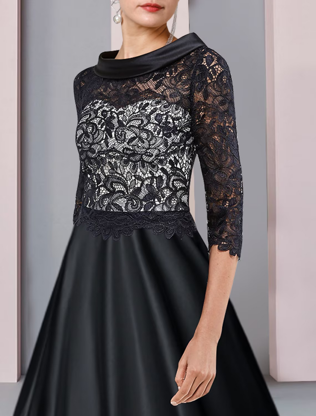 Mother of the Bride Dress Formal Wedding Guest Party Elegant Neck Half Sleeve with Pleats Appliques