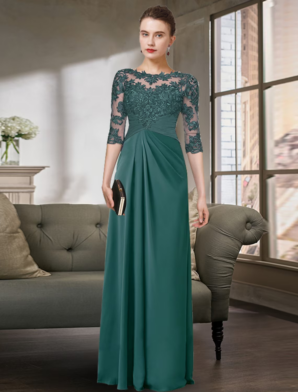 Mother of the Bride Dress Simple Elegant Floor Length Half Sleeve with Pleats