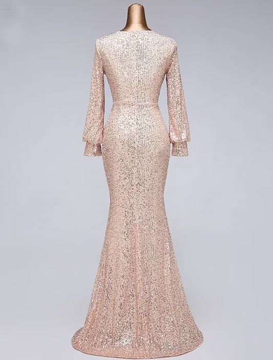 Elegant Red A-Line V-Neck Long-Sleeve Classic-Back Floor-Length Wedding Dress