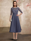 Mother of the Bride Dress Plus Size Elegant Tea Length Half Sleeve with Ruched Beading Appliques