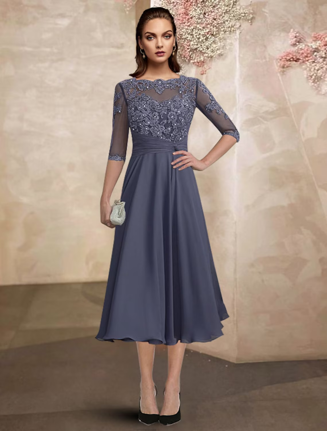 Mother of the Bride Dress Plus Size Elegant Tea Length Half Sleeve with Ruched Beading Appliques