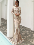 Evening Gown Sexy Dress Formal Long Sleeve Jewel Neck Backless