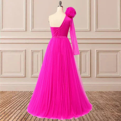 A Line One Shoulder Long Sleeves With Slit