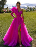 A Line One Shoulder Long Sleeves With Slit