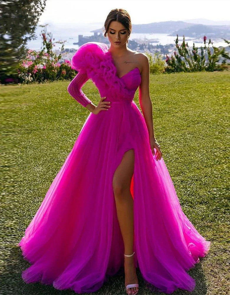 A Line One Shoulder Long Sleeves With Slit
