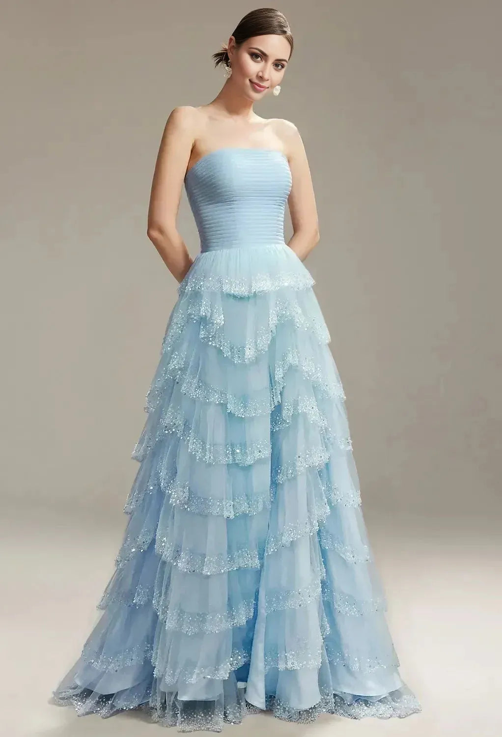 Graceful Stylish Refined Beautiful Elegant Sequin A-Line Strapless Sleeveless Floor-Length Prom Dress