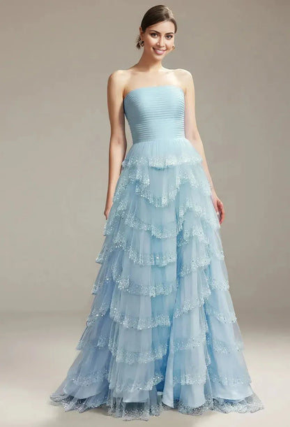 Graceful Stylish Refined Beautiful Elegant Sequin A-Line Strapless Sleeveless Floor-Length Prom Dress