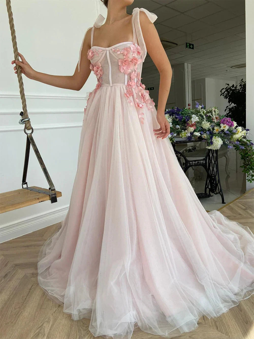 Sweetheart Applique Open Back Long with Flowers
