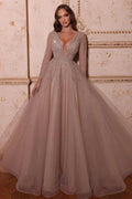 V-Neck Long Sleeves Crystal Beading