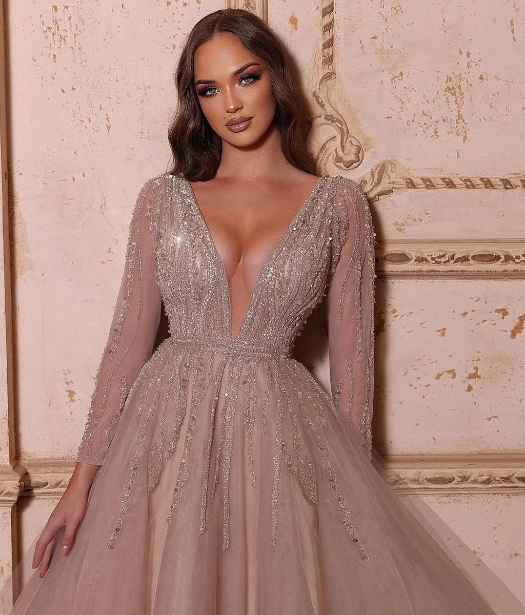 V-Neck Long Sleeves Crystal Beading