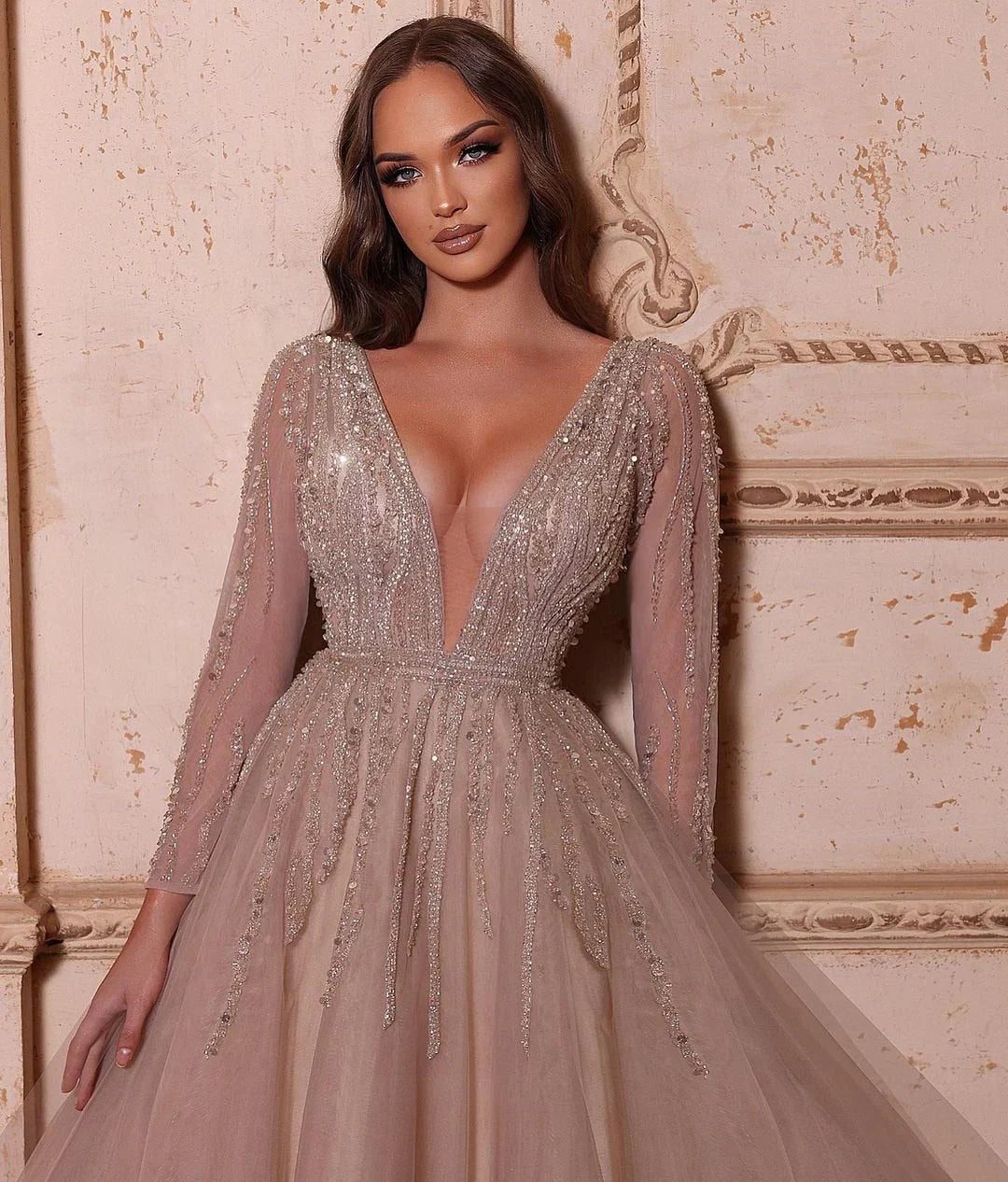 V-Neck Long Sleeves Crystal Beading