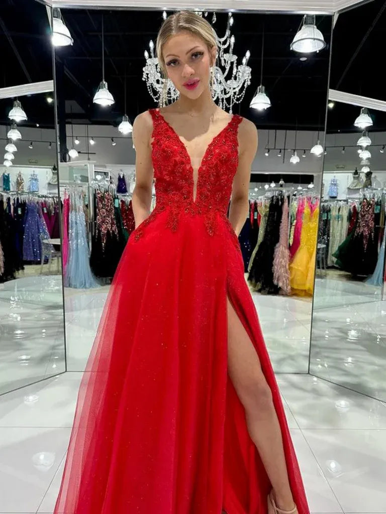 Red Deep V Neck Applique Prom Dress With Pocket