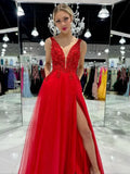 Red Deep V Neck Applique Prom Dress With Pocket