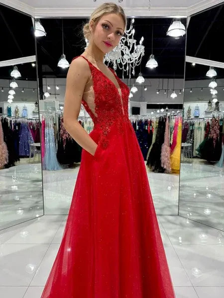 Red Deep V Neck Applique Prom Dress With Pocket