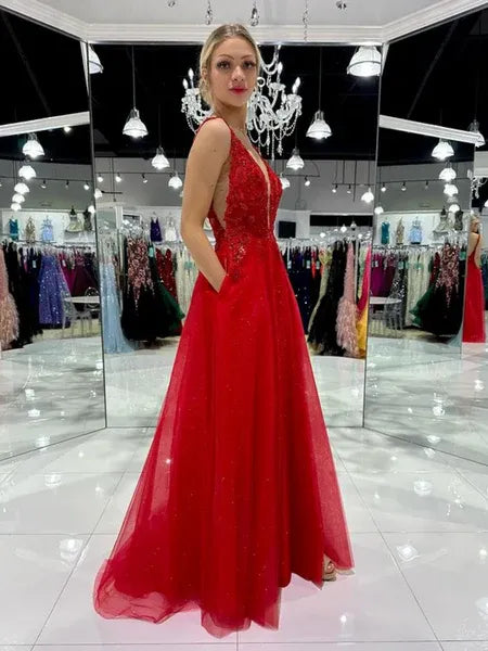 Red Deep V Neck Applique Prom Dress With Pocket