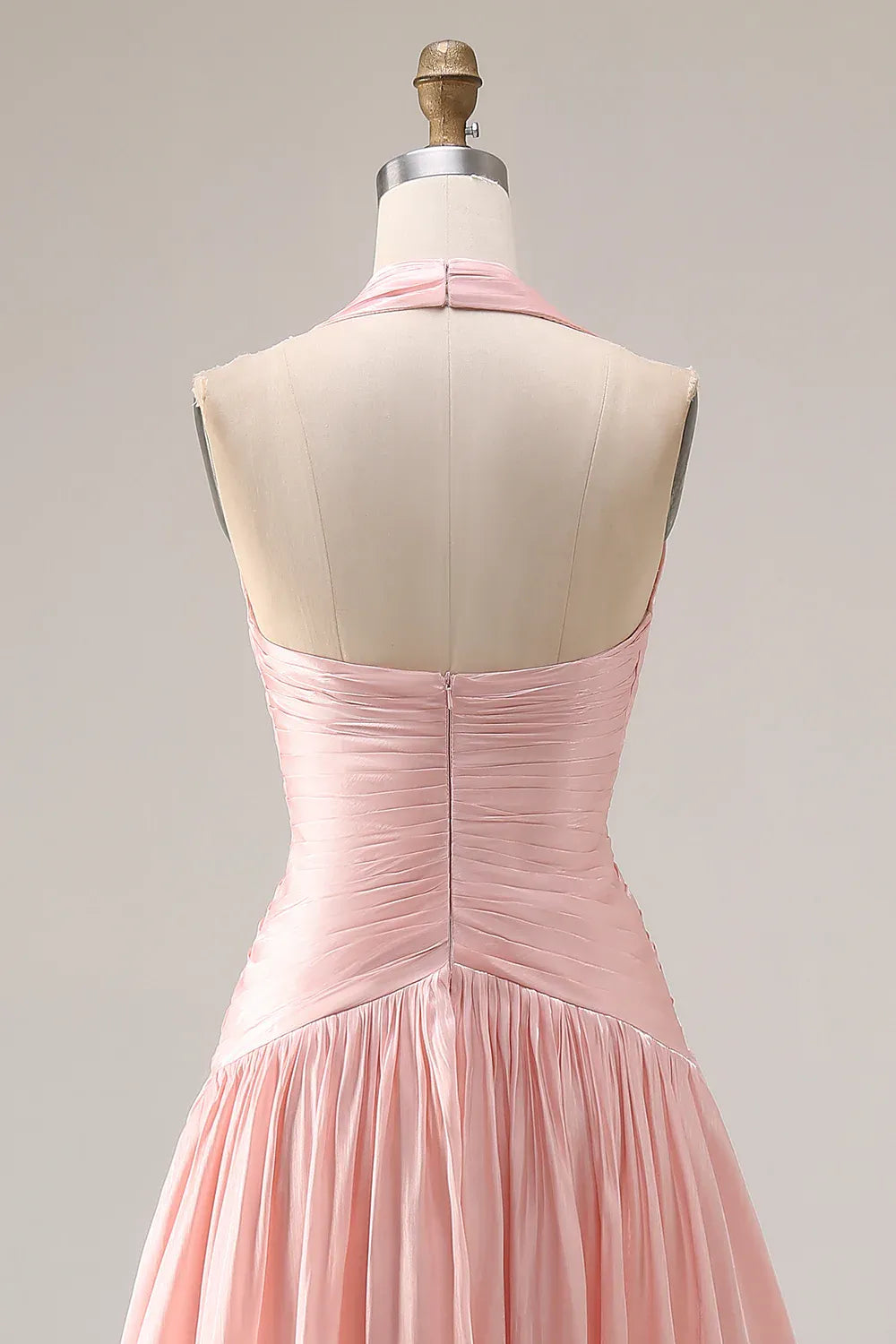 Halter V Nek Ruched Halter Blush Long Prom Dress With Slit
